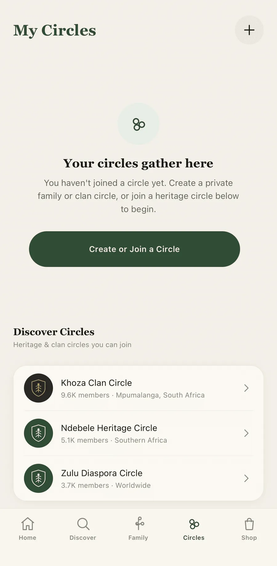 The Circles screen in the Sibaya app, with a button to create or join a circle, above a list of heritage and clan circles that can be joined, each showing its member count and region.